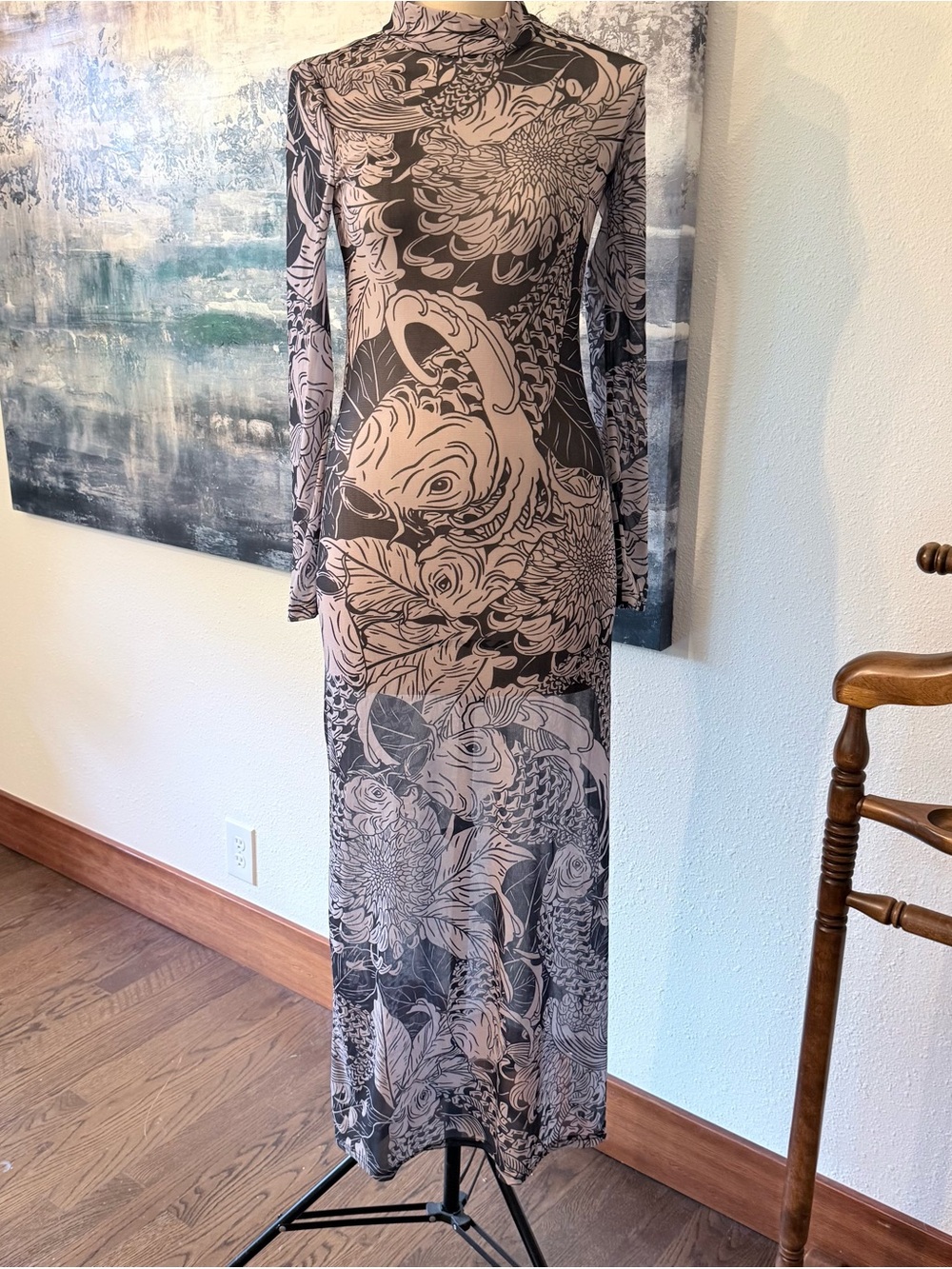High Neck Long Sleeve Koi Print Sheer Mesh Bodycon
Maxi Dress Small *G* - Picture 3 of 9